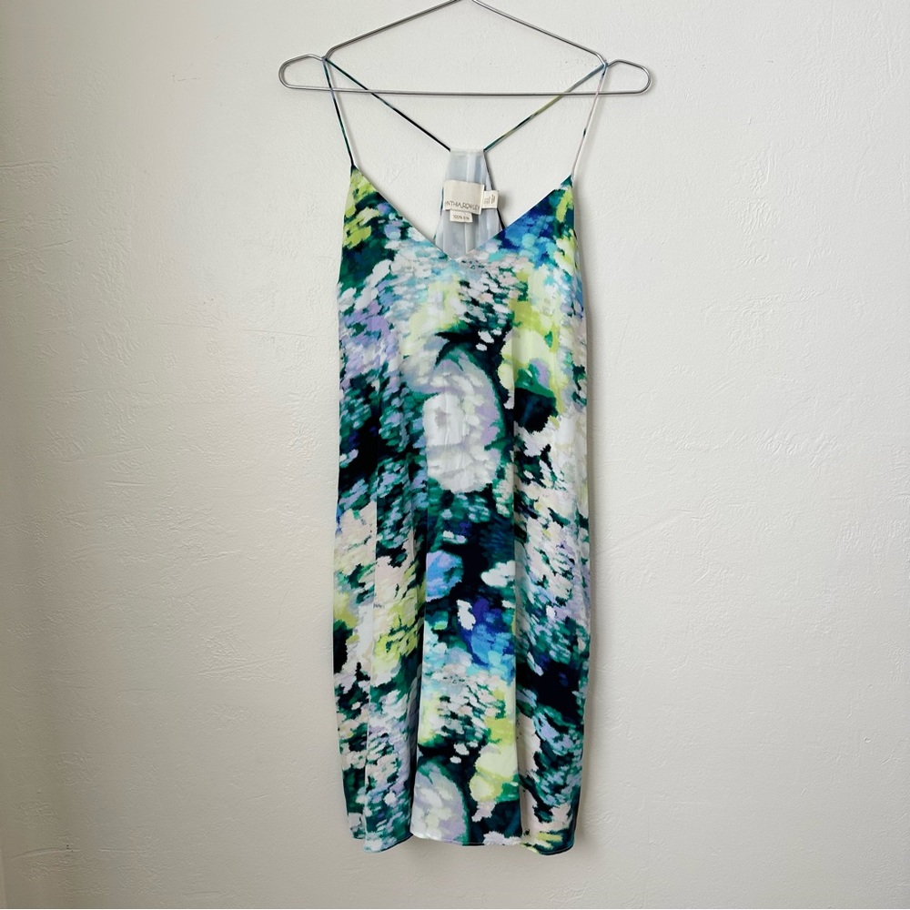 CYNTHIA ROWLEY SILK Racerback Mini Dress Watercolor Floral Blue/Green 4